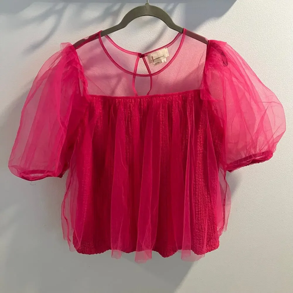 Anthropologie Pink Sheer Puff-Sleeve Top Size L - Picture 1 of 7